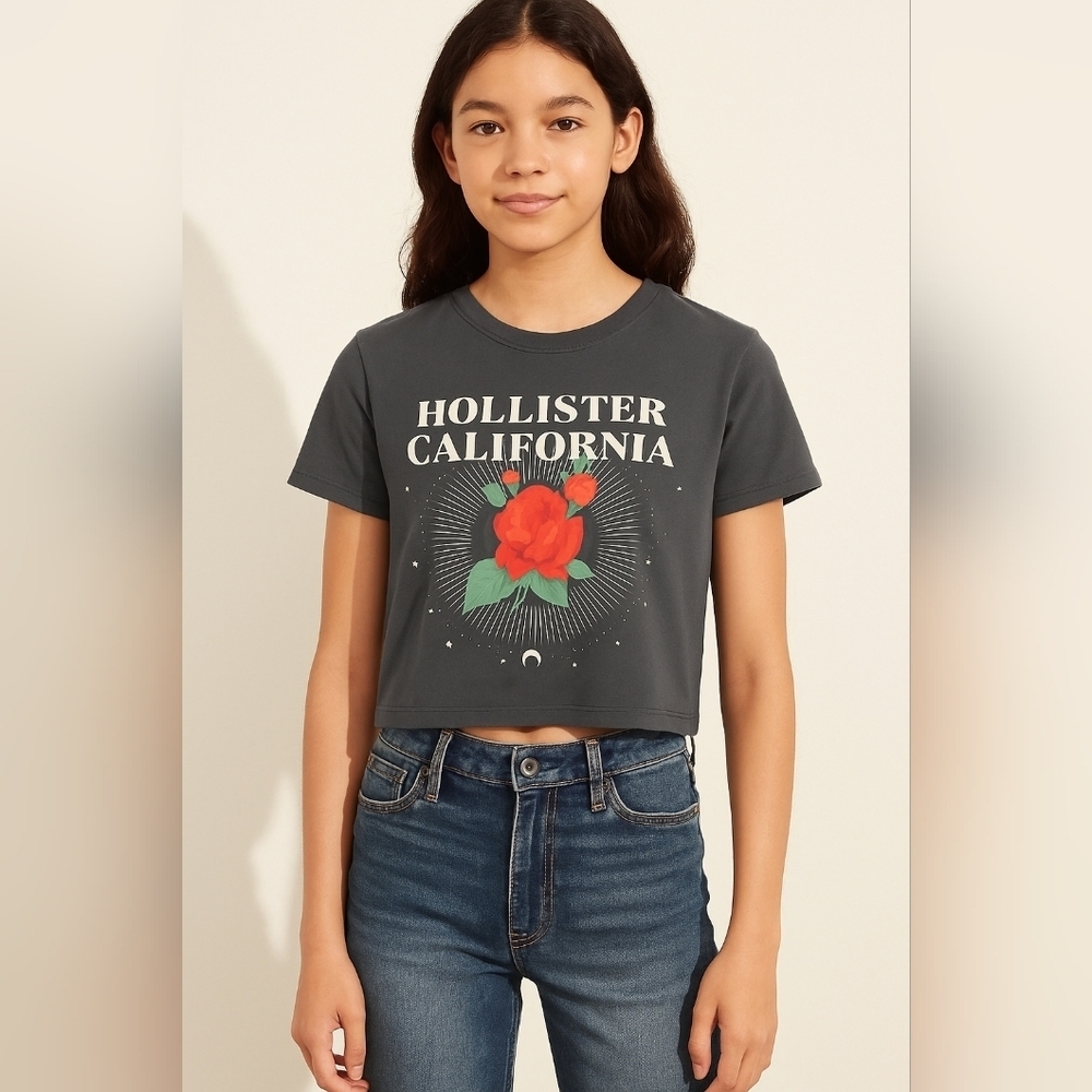 Hollister California Rose Graphic Crop Tee XS Charcoal Gray Juniors XS - Picture 7 of 7